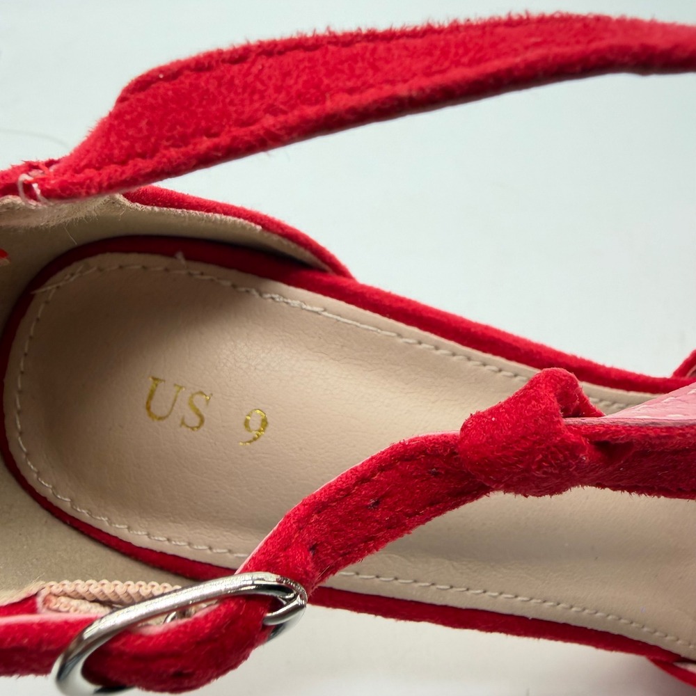 Red Faux Suede T-Strap Pumps Womens Size 9 Round Toe Stiletto Heels Ankle Strap - Picture 7 of 8